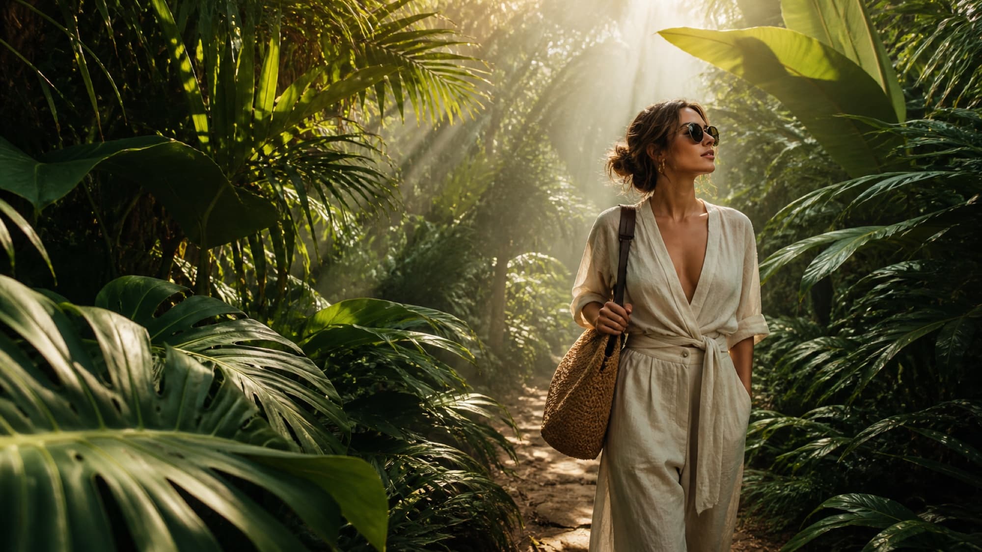 A woman with a heart-shaped face in a cream linen wrap dress, walking through a tropical garden, wearing small round wire-frame sunglasses.