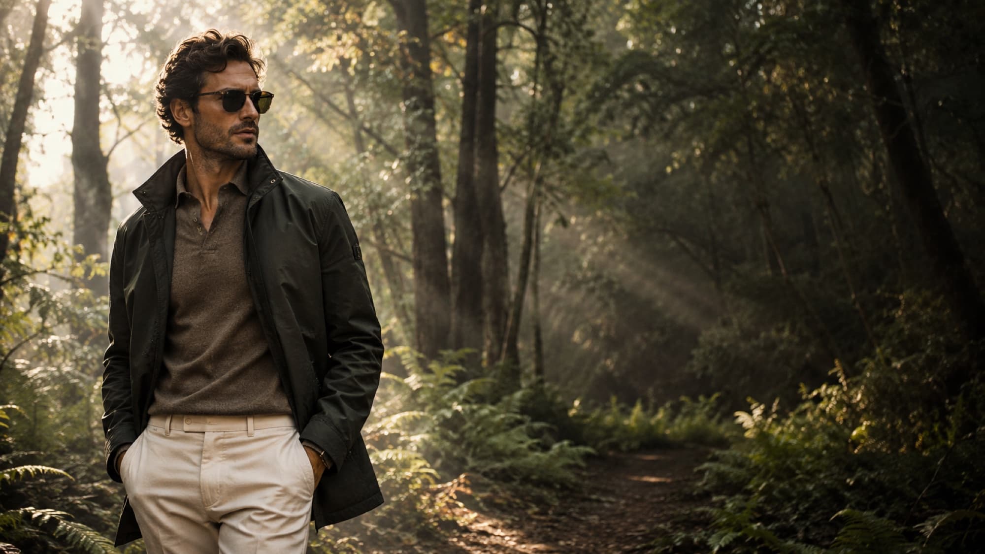 A man in a forest path wearing classic black aviators with warm gray-green G-15 lenses, olive jacket, tan polo, and cream pants.