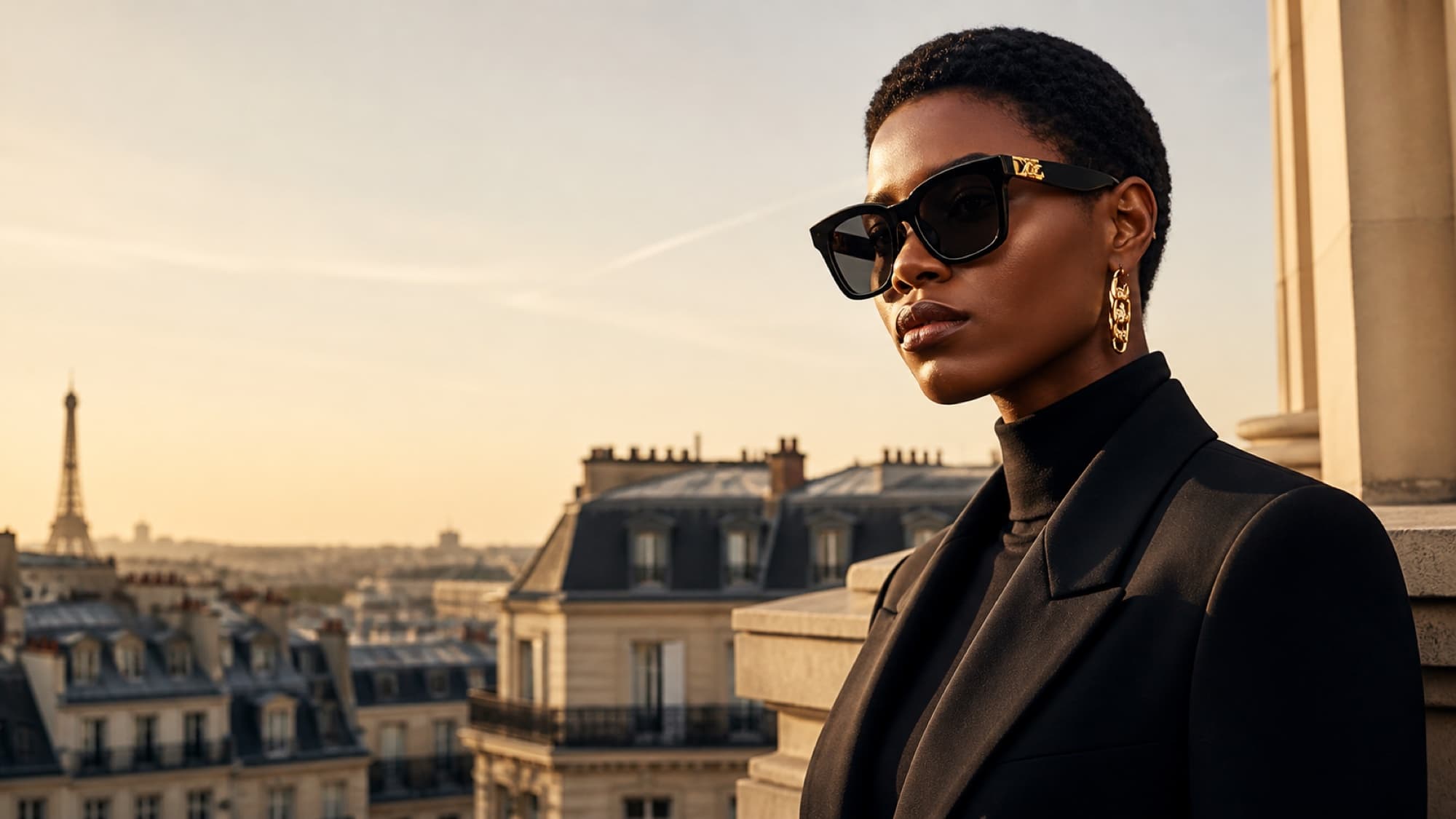 A woman with deep skin and a close-cropped haircut on a Paris balcony at golden hour, wearing matte black squared sunglasses with a small gold accent on the temple.