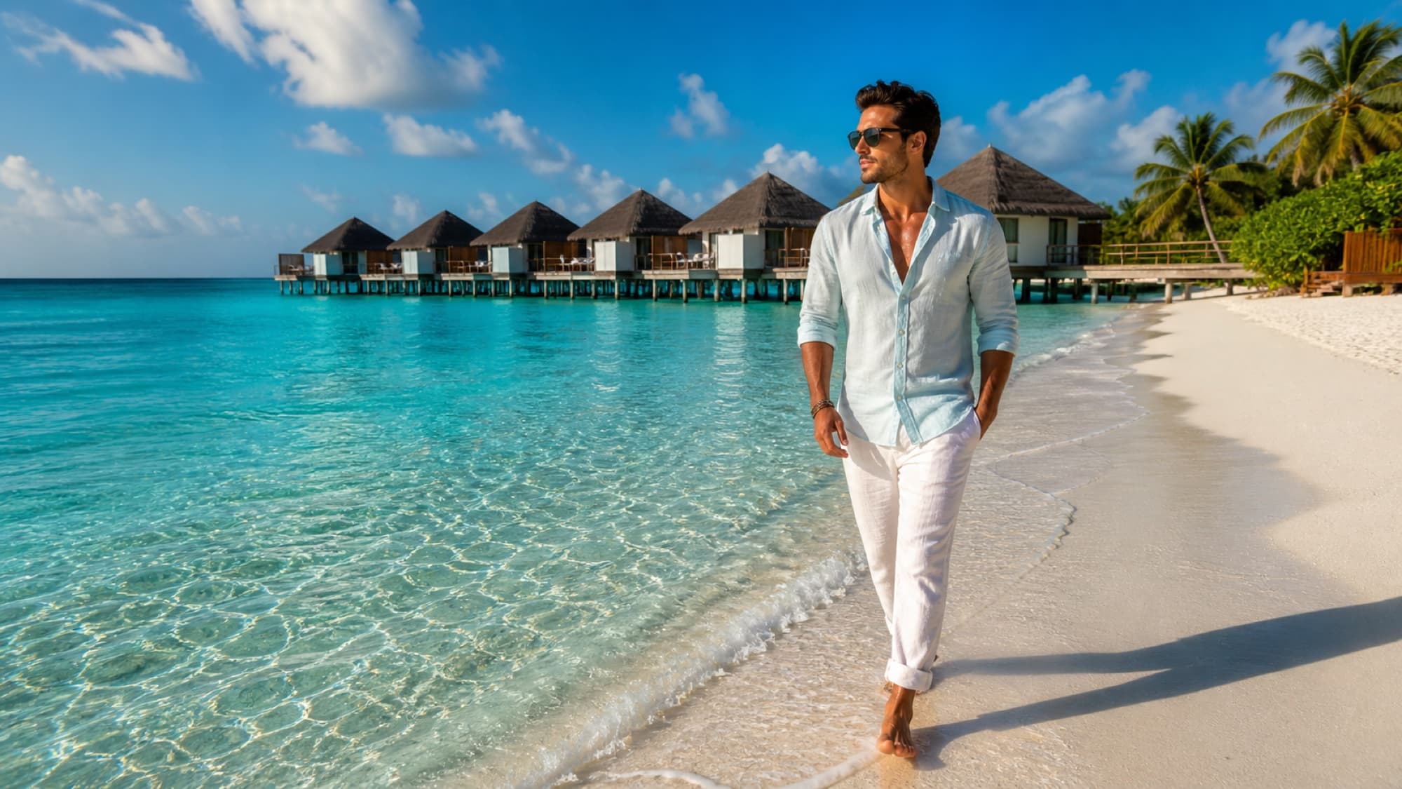 A man walking barefoot on a Maldives beach in a light blue linen shirt and white pants, wearing classic medium-frame black wayfarer-style sunglasses.
